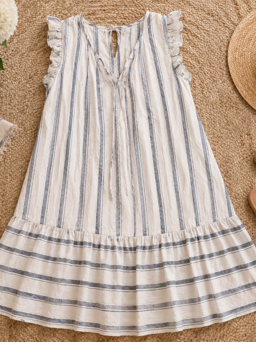Linen Blend Coastal Stripe Ruffle Sleeve Midi Dress Blue White Cottagecore - Picture 2 of 4